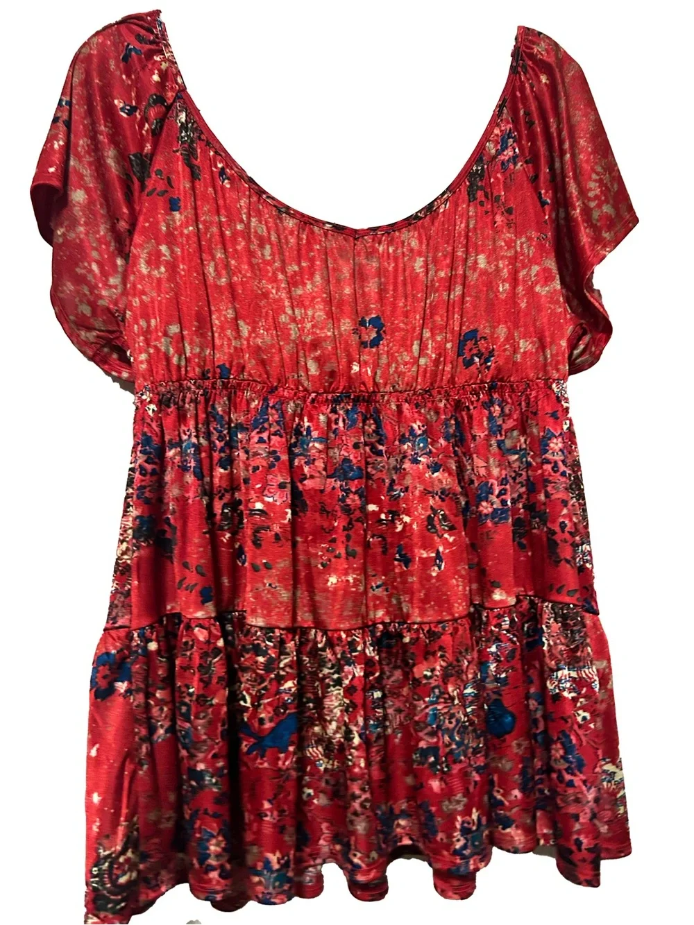 Free People Red Floral Tiered Tunic Top with Blue Accents